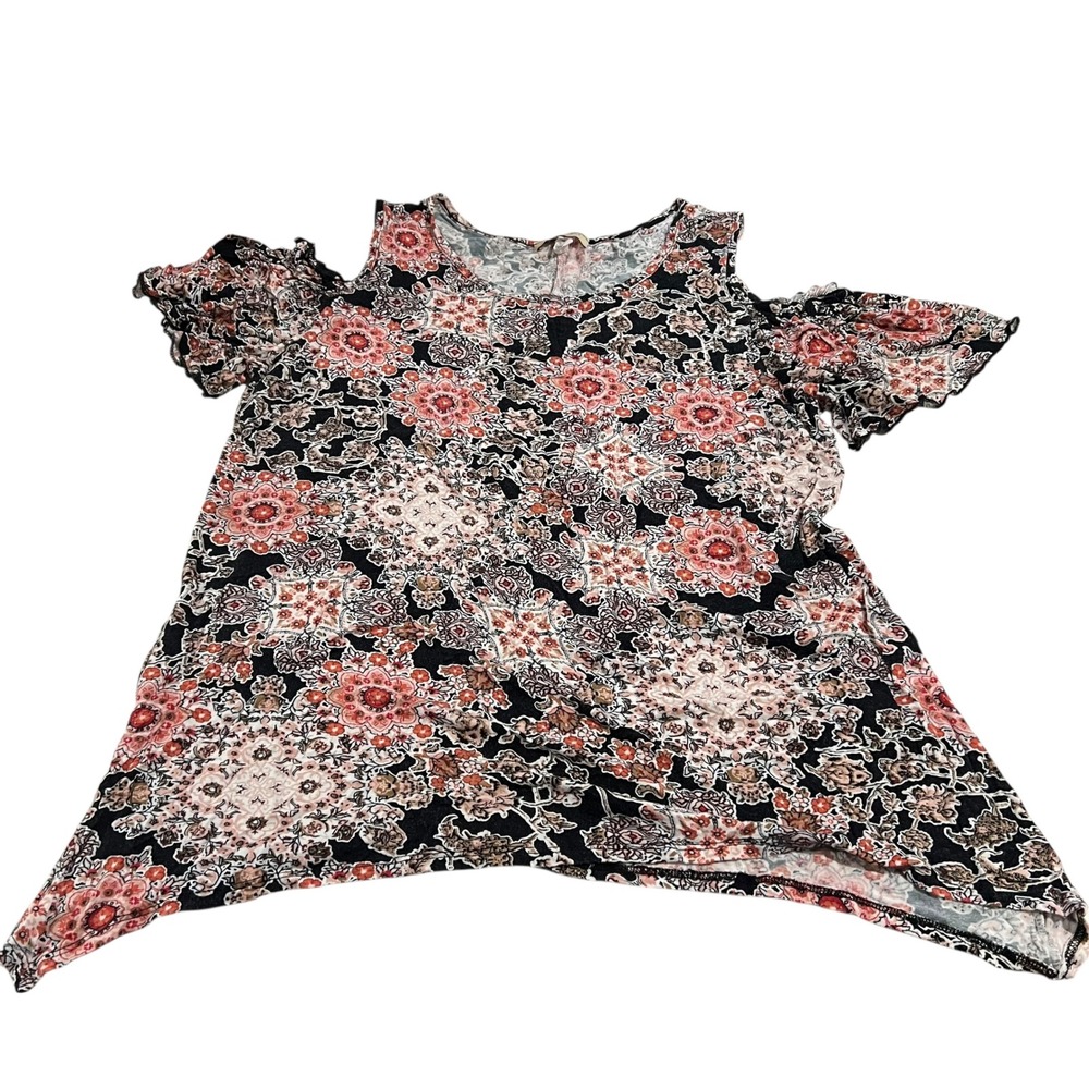 Front of Closet Floral Geometric Cold Shoulder Blouse Women's Plus Size 1X